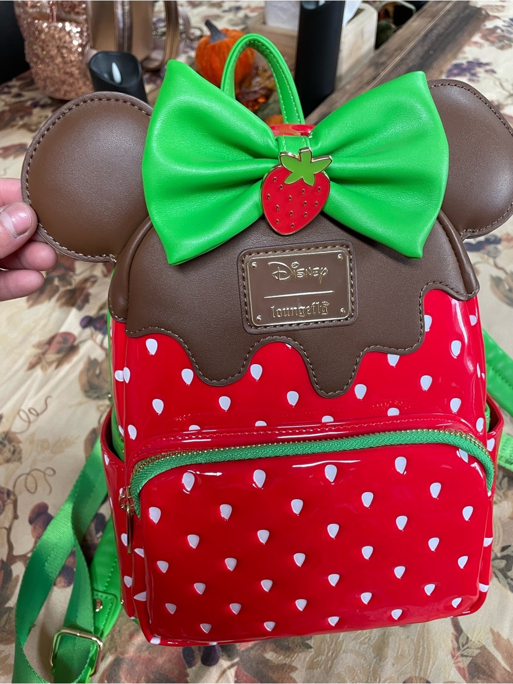 Loungefly strawberry chocolate dip Mickey Ear Mini Backpack strawberry scented